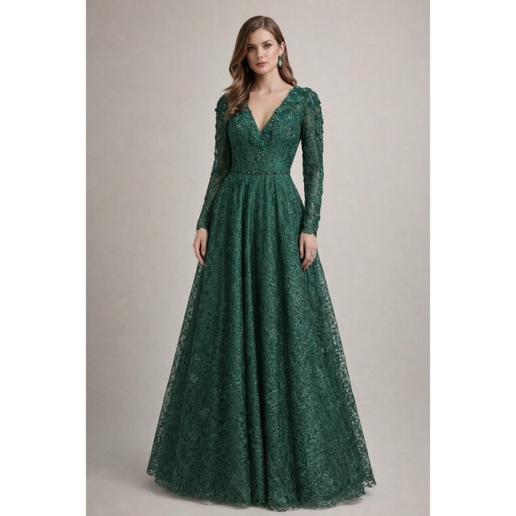 Mac Duggal Dresses & Skirts - NWT Mac Duggal [ 2 ] 11215 Floral Embellished Long Sleeve ALine Gown Green J2059